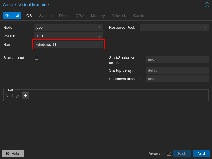 Proxmox Windows 11 General Settings